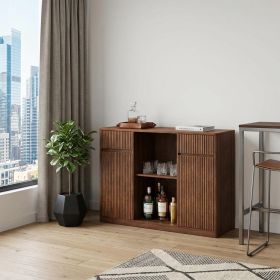 53" Walnut Wood Ribbed Texture Bar Cabinet With Two Doors And Two Drawers