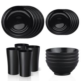 Black Dinnerware Set for 4, 16 Pack Plastic BPA-Free Dinner Plates, Salad Plates, Cereal Bowls, Cups, Unbreakable Plates and Bowls Sets